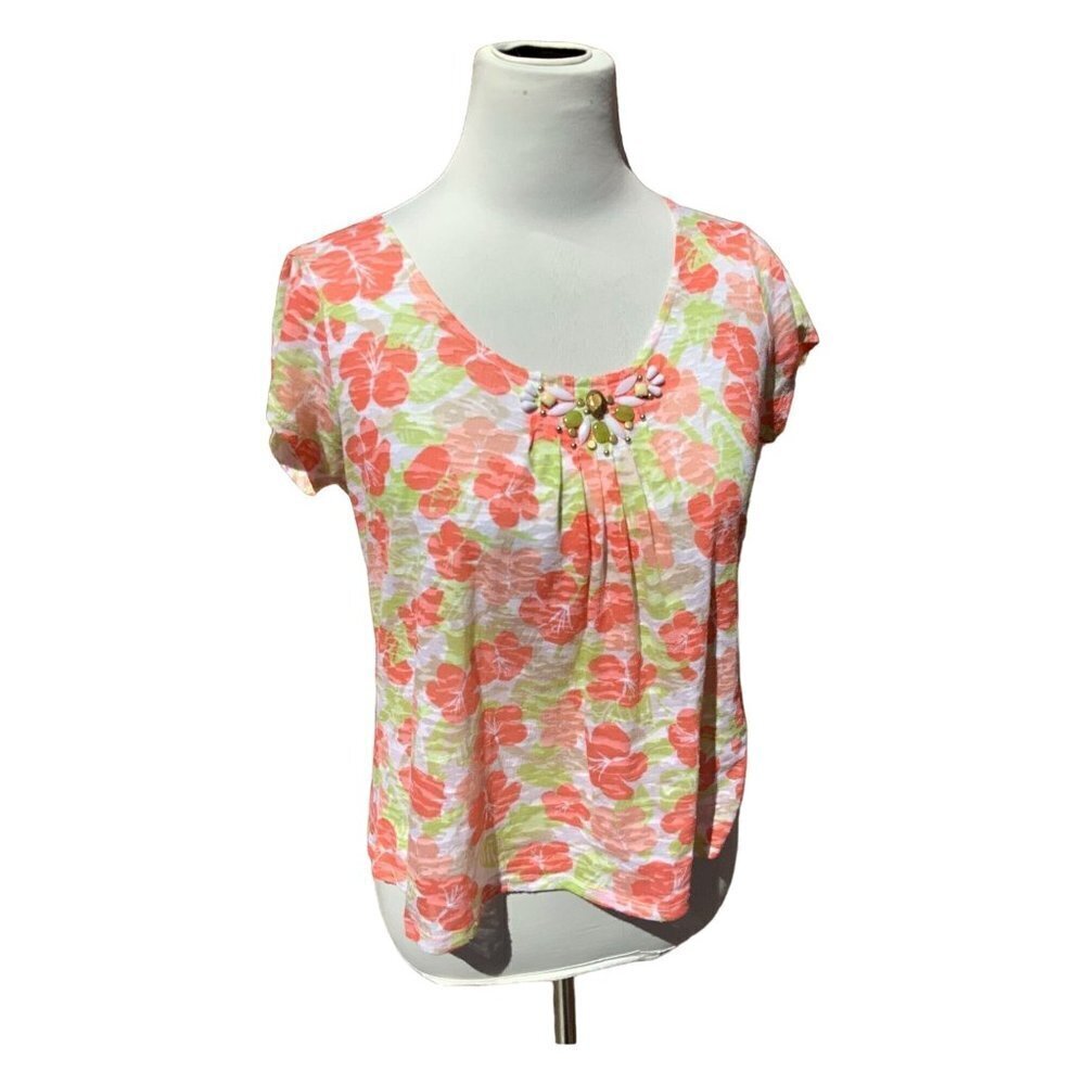Ruby Rd Petite short sleeve lightweight sheer floral pastel tunic bead accent PM